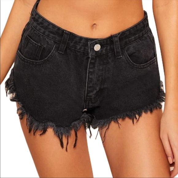 Distressed Raw Hem Denim Jean Shorts Black MidRise - Picture 2 of 5